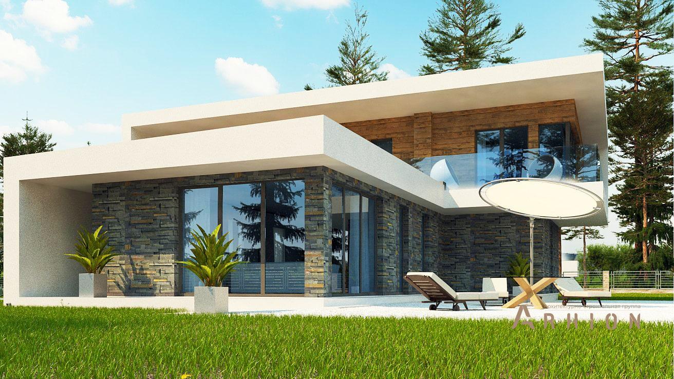 9. Проект двухэтажного дома в стиле хай-тек с плоской кровлей , zx70, площадью - 192 кв c балконом, гаражом